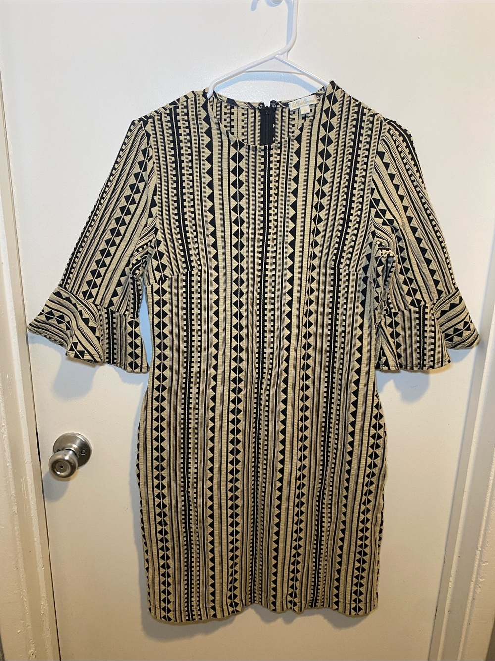 Shoshanna Black and Cream Geometric Midi Dress